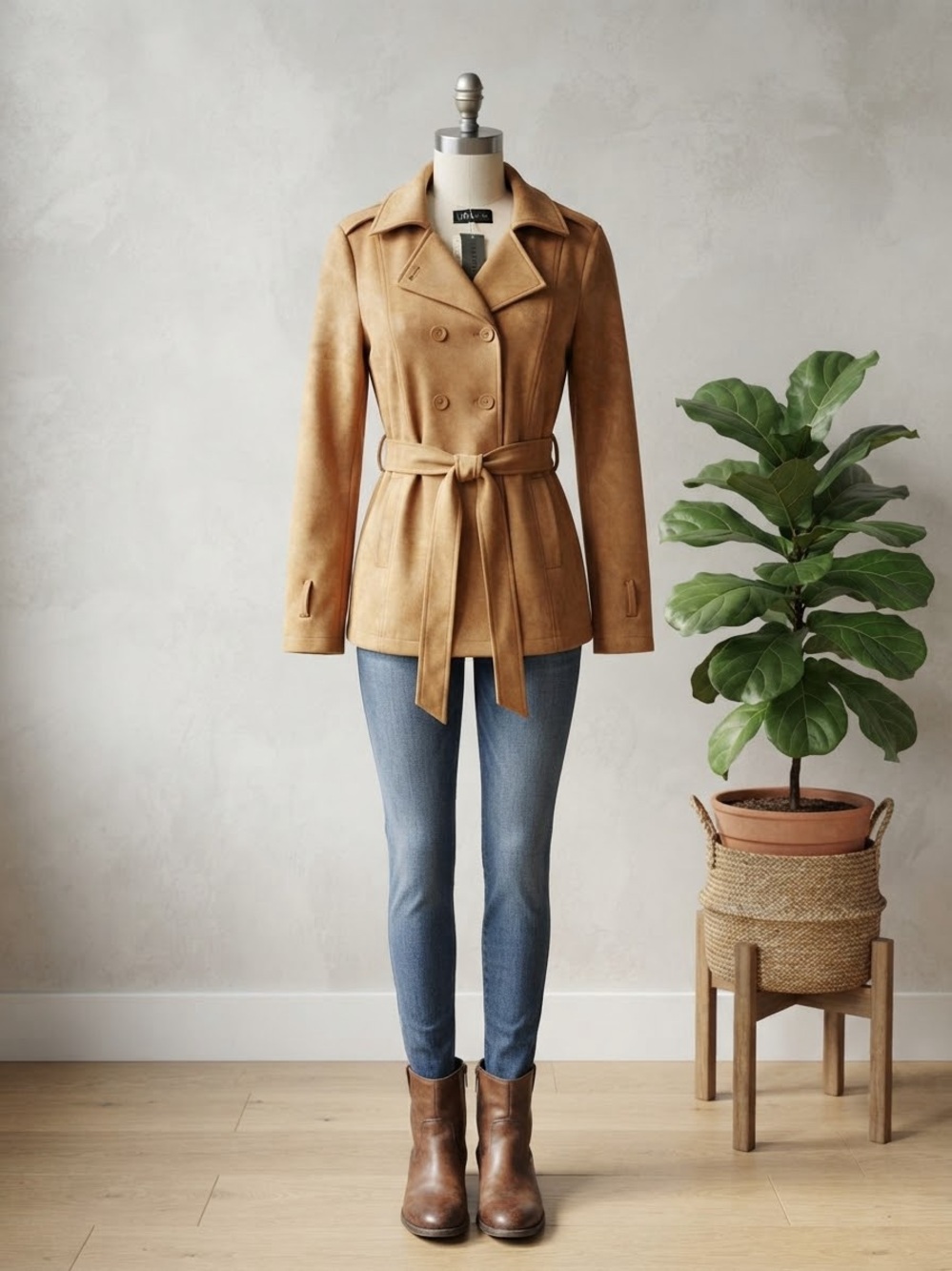 Lioness Camel Suede Double-Breasted Trench Coat with Belt